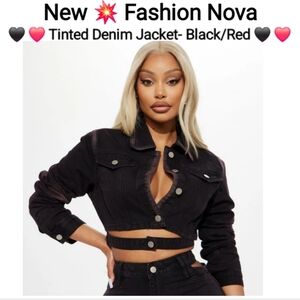 Fashion Nova - Crossing Your Mind Tinted Denim Jacket- Black/Red, Size XL